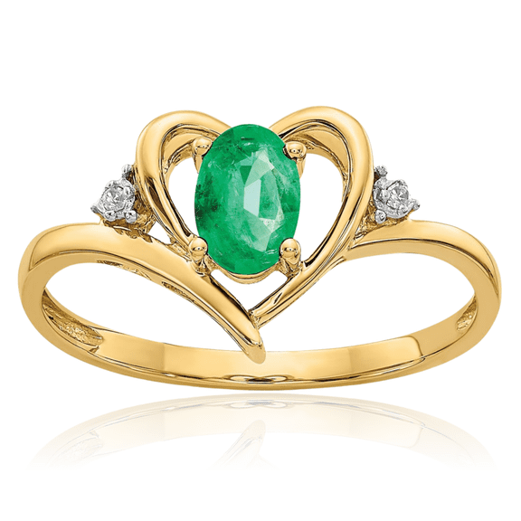 14K Solid Yellow Gold Green Emerald Diamond Heart Ring Gemstone Love Band May Birthstone Jewelry