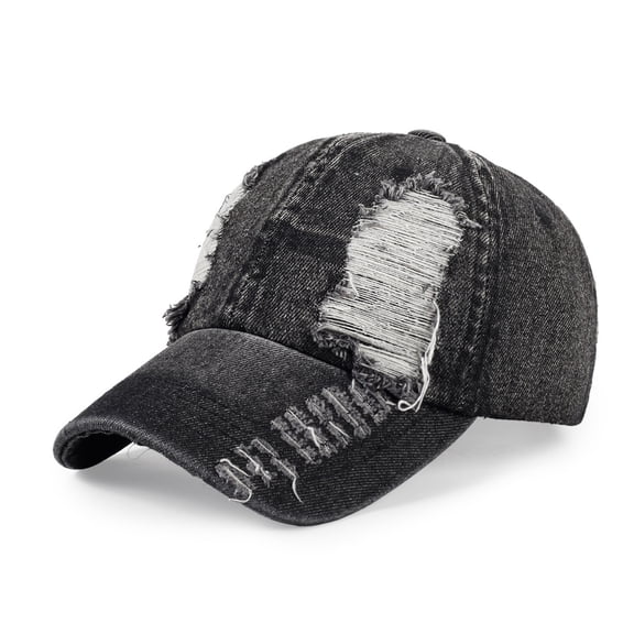 Vintage Distressed Jean Hat, Light Acid Washed Denim, Ripped Baseball Cap, Adjustable Clip for Universal Fit Black