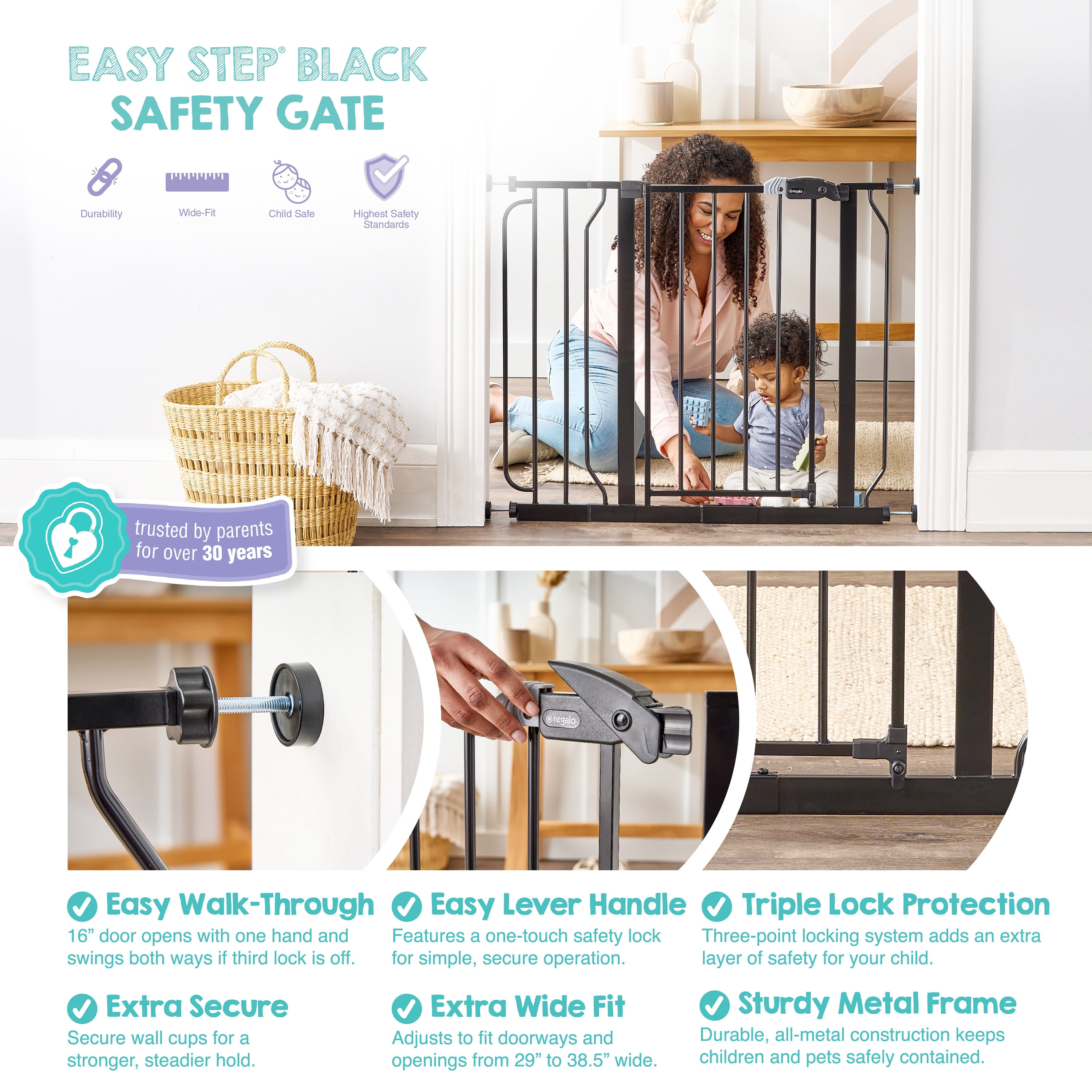 Regalo Easy Step 38.5-Inch Wide Walk Thru Baby Gate, Black, Metal