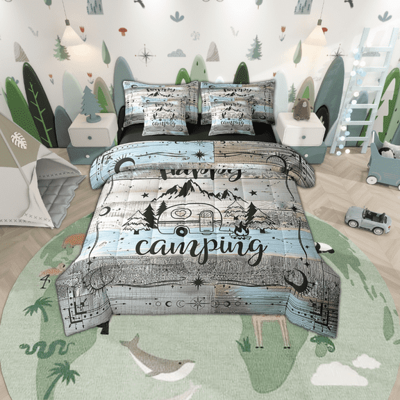 Rustic Camper Comforter Set 7 Piece Twin Camping Bunk Bed In A Bag Boho Moon Stars Rv Camper Decor Bedding Set For Travel Trailers,Camping Car Inside Accessories Bed Set Blue Grey