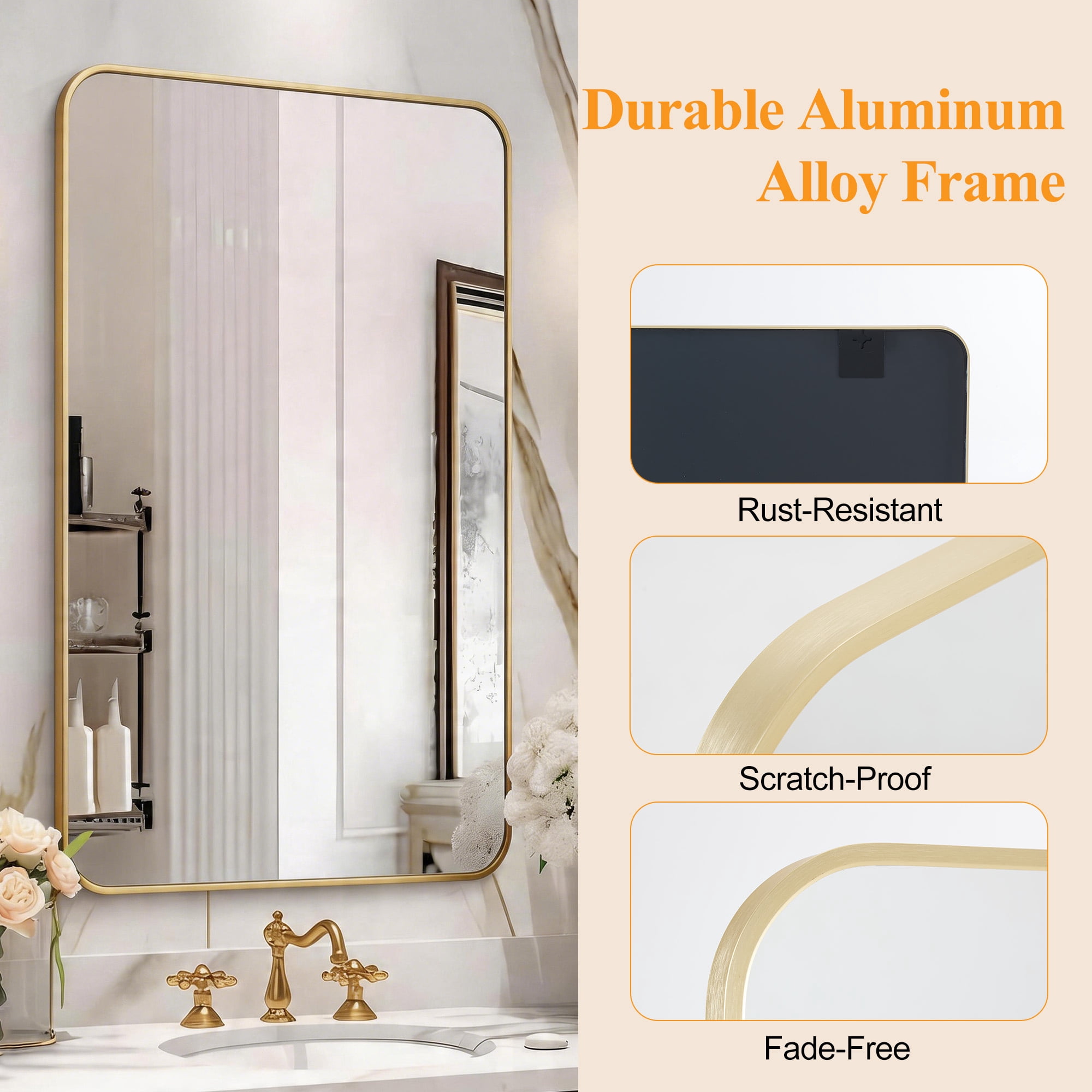GIANNA 20"x28" Square & Round Bathroom Mirror – Metal Frame, Modern Vanity, Wall-Mounted, Gold