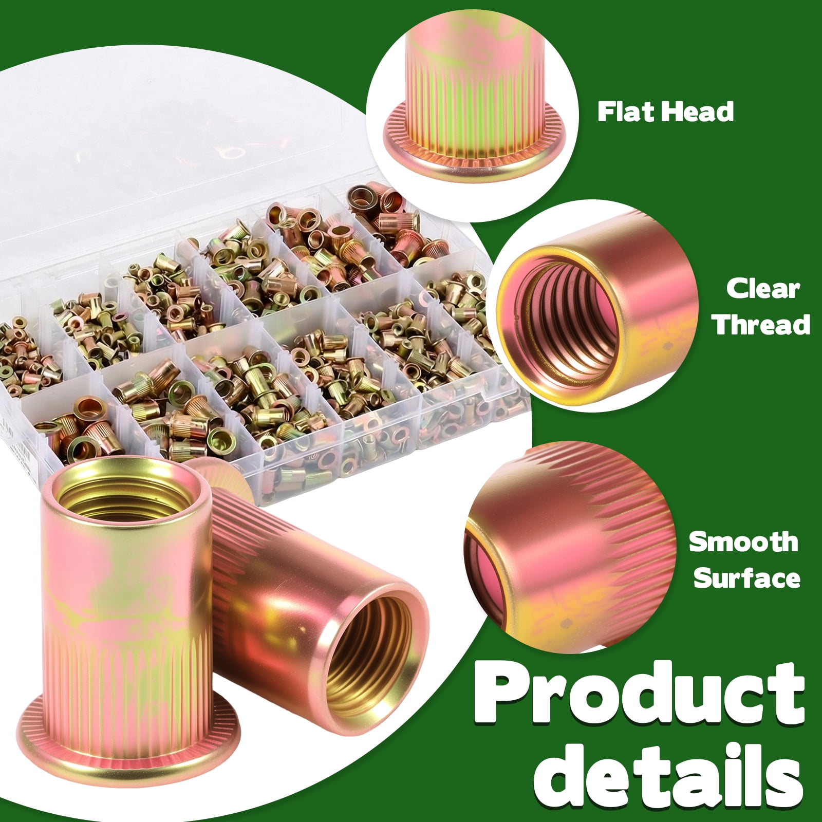 920Pcs Metric SAE Flat Head Rivet Nut Assortment Kit Zinc Plated Carbon Steel M3 to M10 6-32 to 3/8-16 for Hardware Fastening