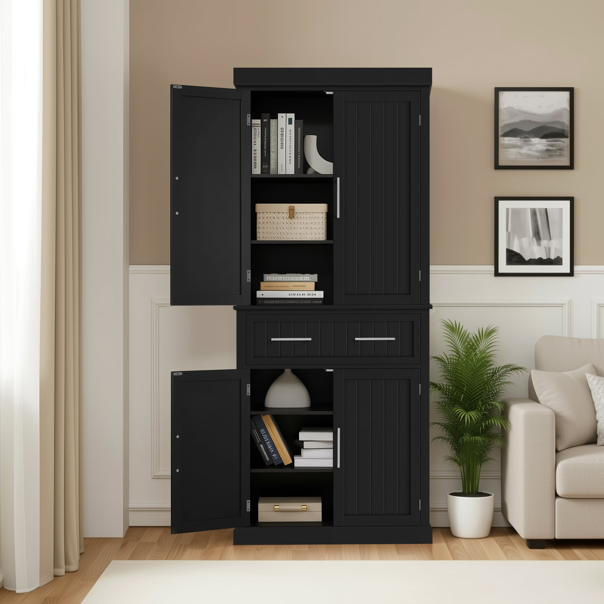 Renwick Freestanding 72.5'' Pantry Cabinet with Doors and 2 Adjustable Shelves, Black