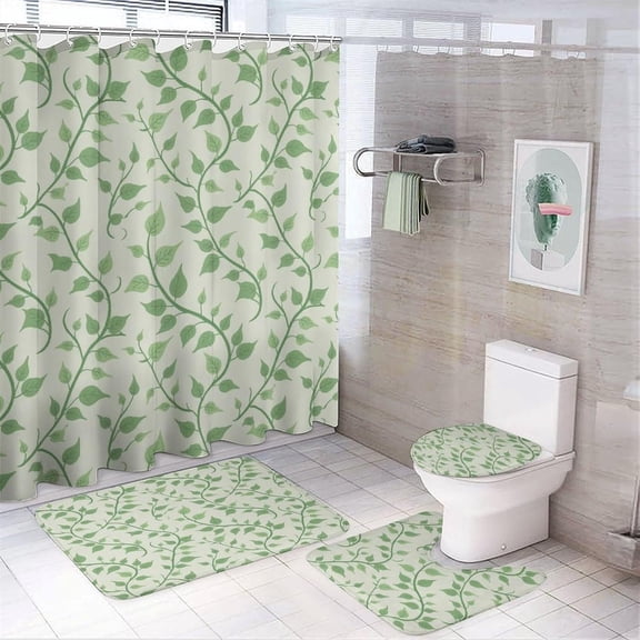 Shower Curtain sets and Bath Mat Set, Green Leaves Pattern Printed on Shower Curtain Set with Rugs and Accessories, Suitable for Small Bathroom Gym Guest Bath, 72 x 72 inches