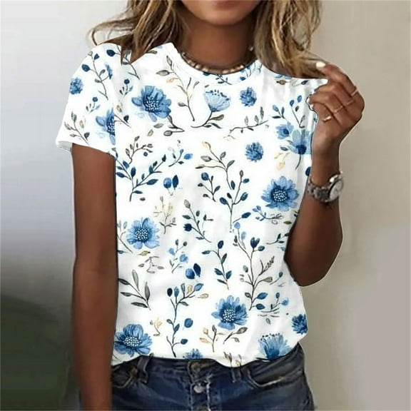 Fengqque 2025 Women's Fashion Print Crew Neck Short Sleeve Casual Top