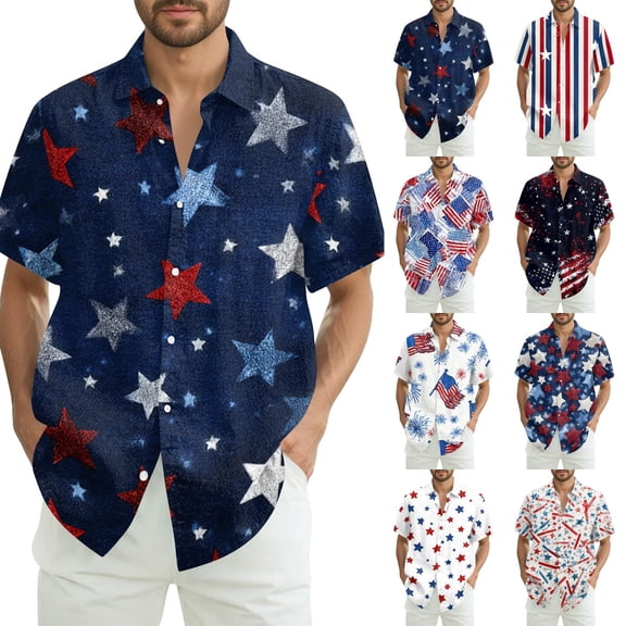 Youpwaven Men's 4th of July Star Print Shirt, Patriotic Red White and Blue Button Up, USA 250 Years Independence Day Summer Casual Shirt