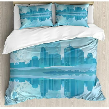 Blue King Size Duvet Cover Set Abstract Modern Cityscape