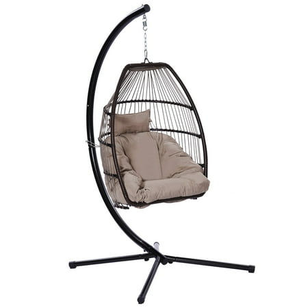 

Patio Wicker folding Hanging Chair Rattan Swing Hammock Egg Chair with X type Base and C Type bracket with cushion and pillow for Patio Bedroom Balcony Indoor Outdoor