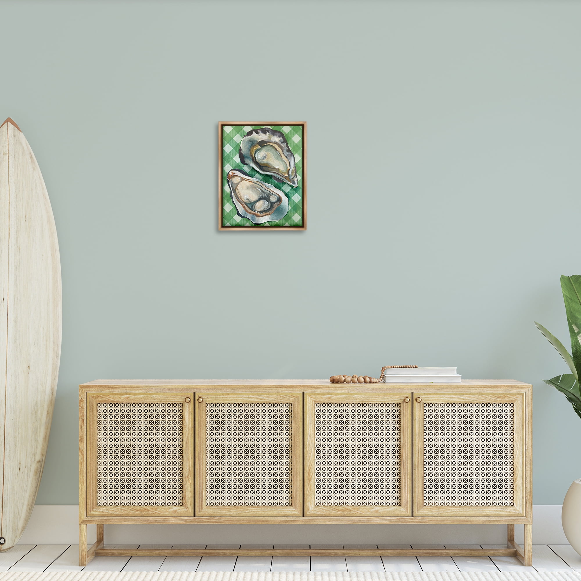 Stupell Industries Oysters on Green Plaid Animals Painting Brown Floater Framed Canvas Art Print Wall Art, 17 x 21