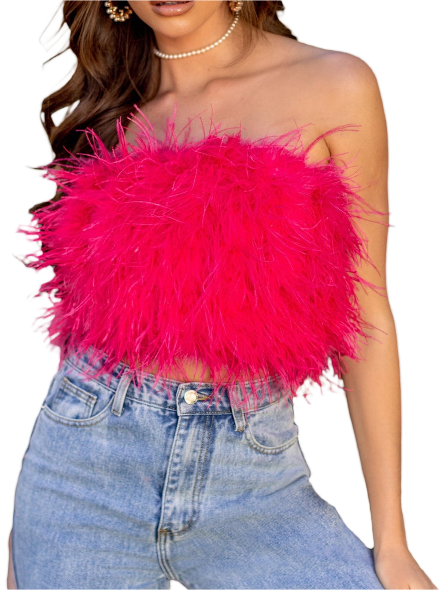 Women Faux Fur Crop Top Strapless Bandeau Tube Top Feather Aesthetic ...