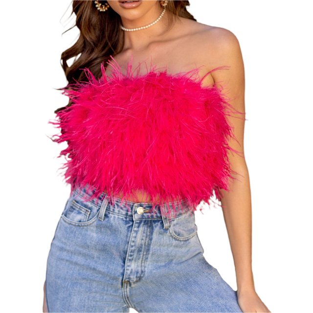 Txlixc Mujeres Sexy Strapless Crop Top Y2k Faux Fur Tube Top Fairy Mini Chaleco Fluffy Tight Bra Top Estética Clubwear ( Txlixc Estilo de ocio