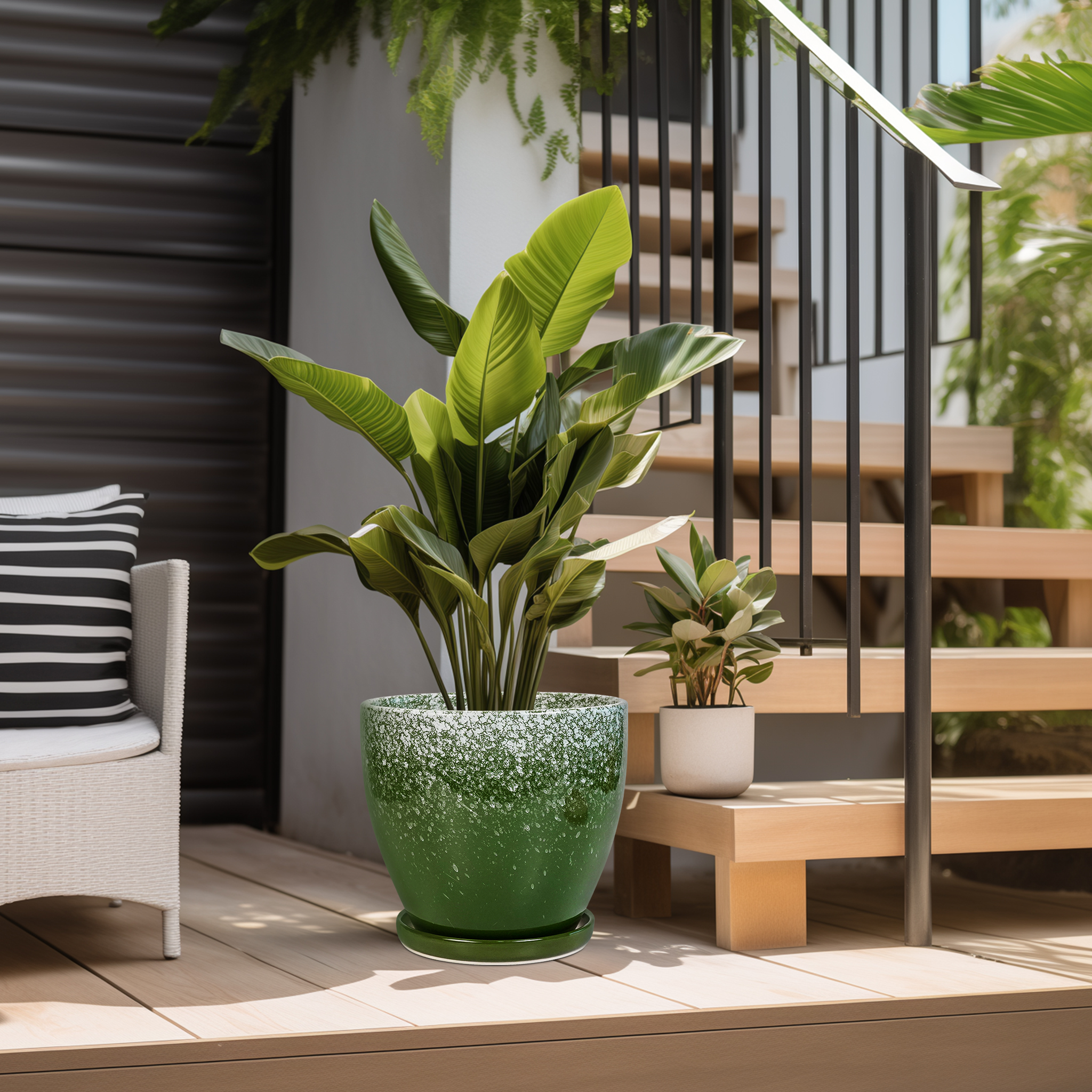 Ordivic 10 inch Large Round Ceramic Planter with Drainage Hole & Saucer, Blackish Green Floor Plant Pot for Fiddle Leaf Fig & Monstera