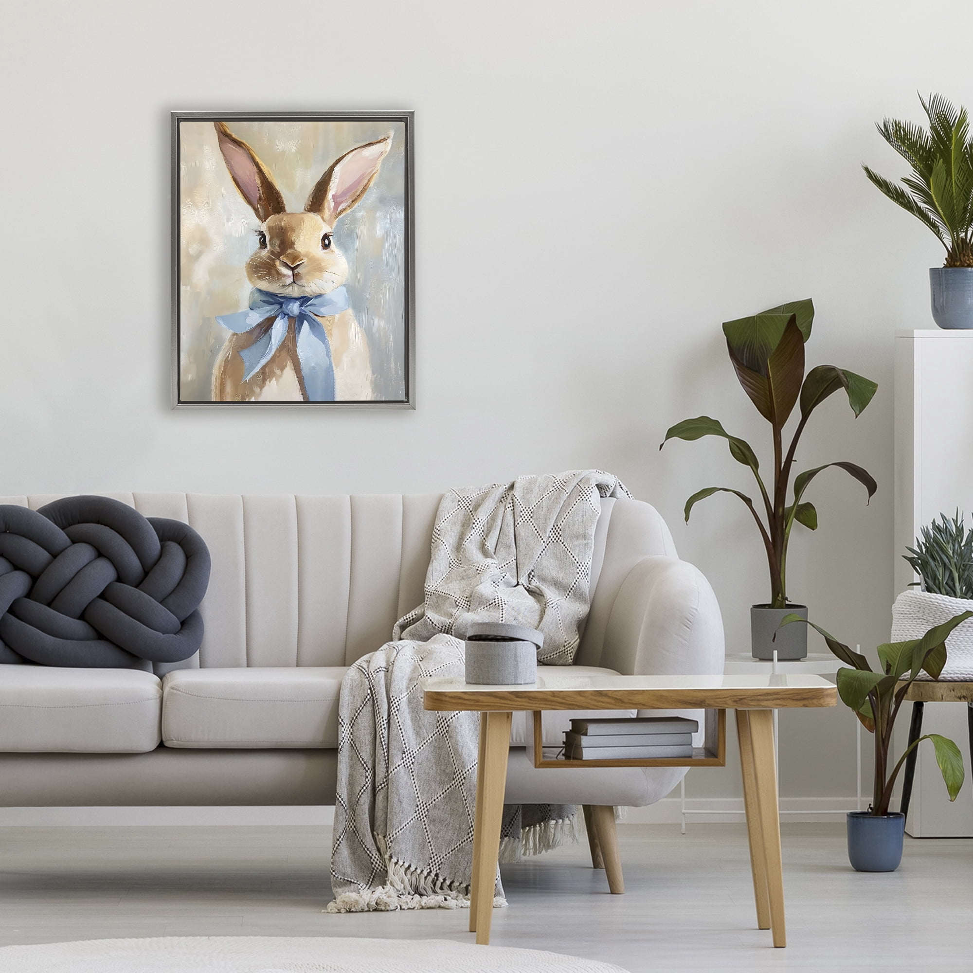 Stupell Industries Bunny with Blue Bow Gray Framed Floater Canvas Wall Art, design by The Prints Vibe