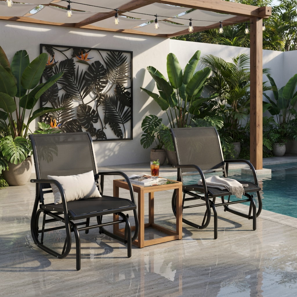 Hommoo Outdoor Single Swing Glider Rocking Chair, Heavy-Duty Steel Frame, Breathable Fabric Seat, All-Weather Patio Relaxation Chair, Black