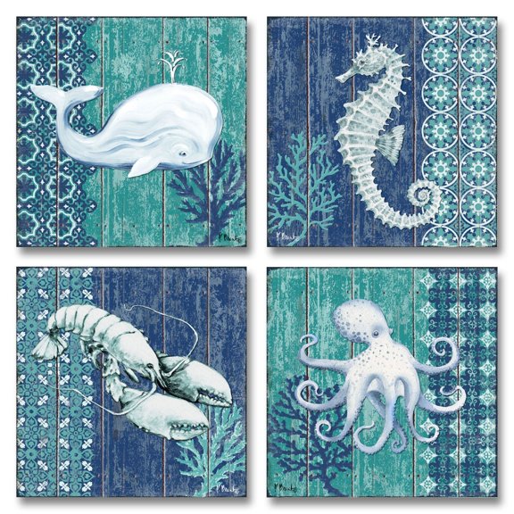 4 Lovely Blue and Teal Seahorse, Whale, Octopus and Lobster Poster Prints; Four 12X12 Poster Prints