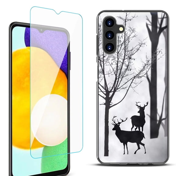 Slim-Fit Protective Fashion Phone Case (Black) for Samsung Galaxy A13 5G, with Tempered Glass Screen Protector, by OneToughShield ® - Forest Deer