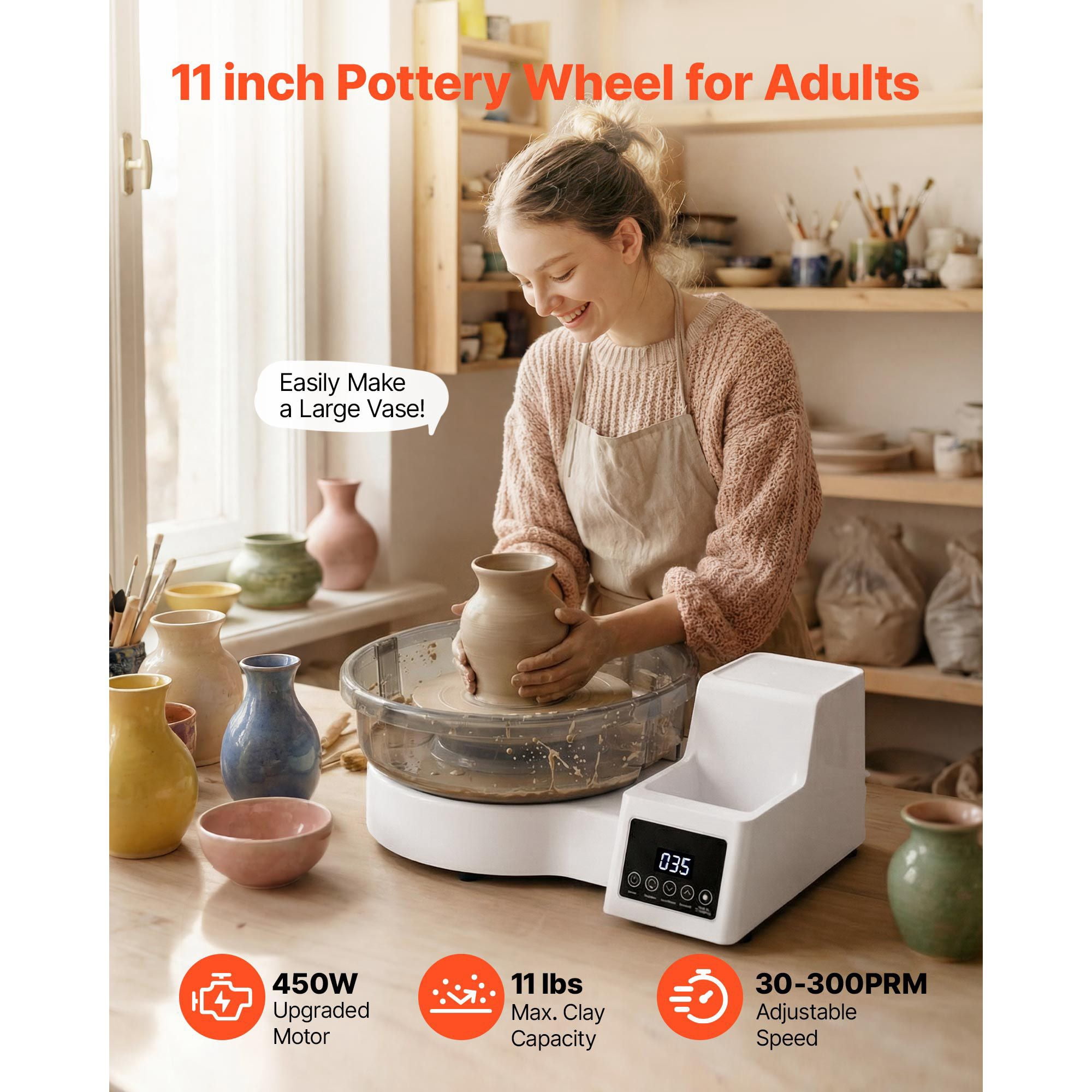 Electric Pottery Wheel 11 Inch Aluminum Turntable 450W Foot Pedal 30-300 RPM Detachable Basin Beginners Clay Art White