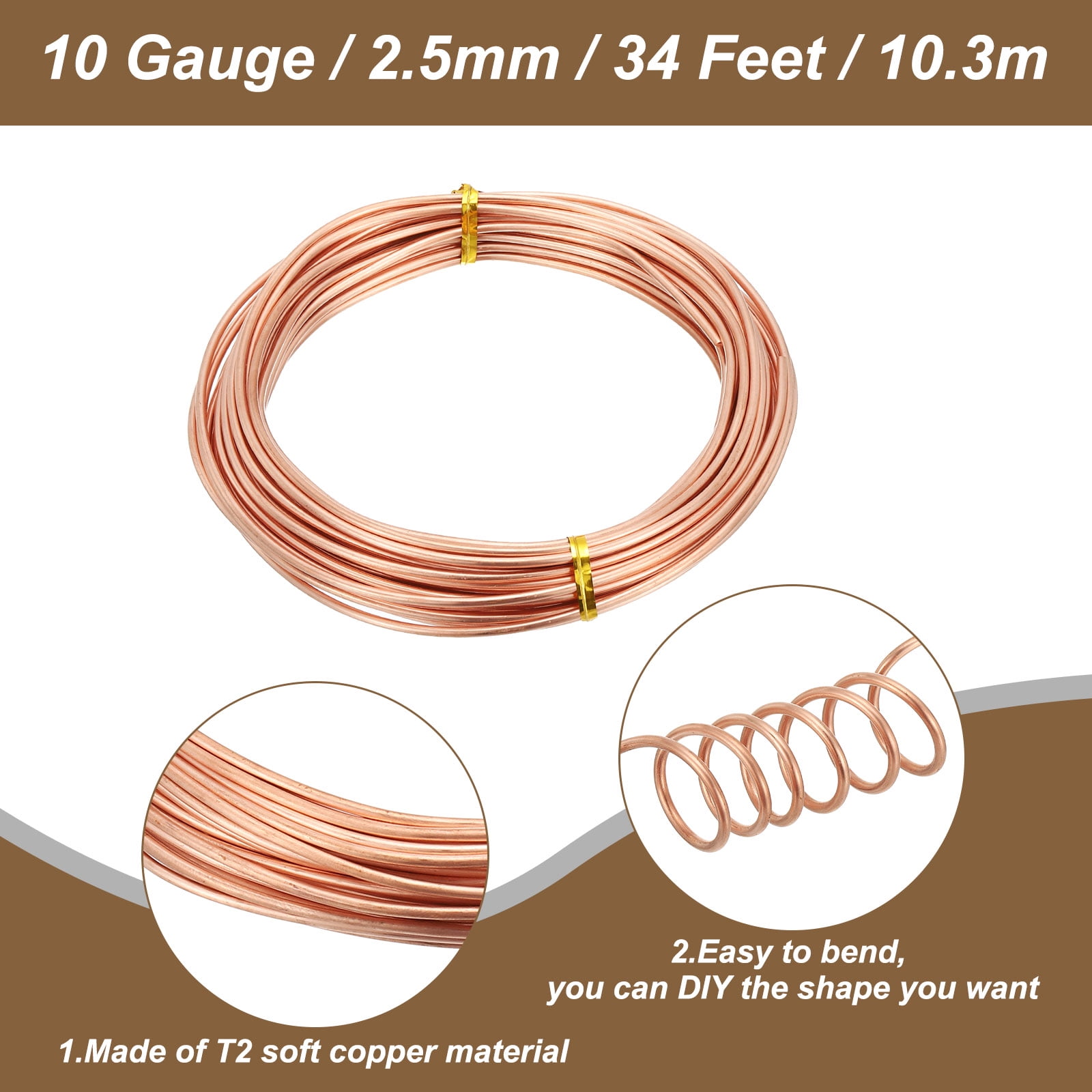 Uxcell 99.9% Soft Copper Wire, 10 Gauge/2.5 mm Diameter 34 Feet/10.3 m 1 Pound