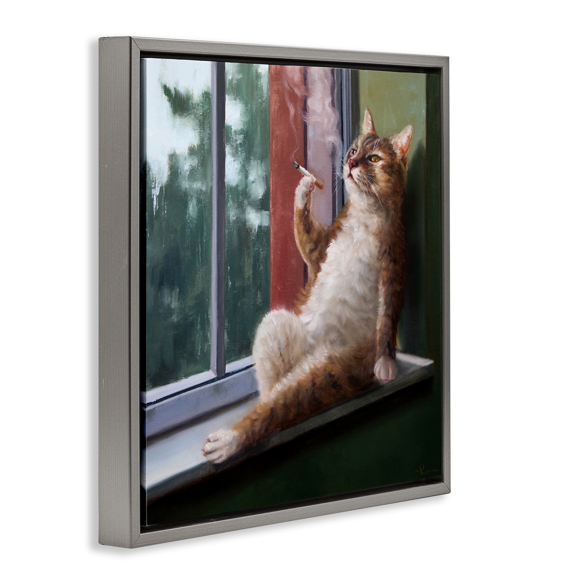 Stupell Industries Cat Smoking Lounging in Window Animals & Insects Painting Gray Floater Framed Canvas Art Print Wall Art, 18 x 18