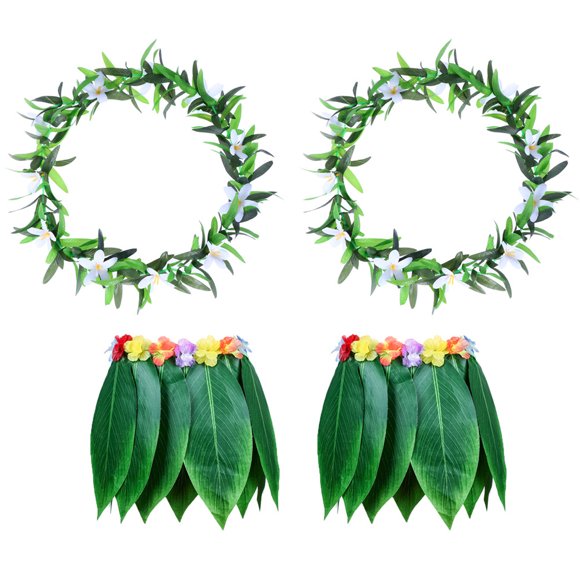 KAKOWELY Falda de baile hawaiana de hierba para adultos, 4 piezas, con guirnalda para fiesta luau en la playa (2 guirnaldas verdes + 2 faldas de hierba verde)