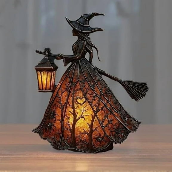 Halloween Witch Lamp, Handcrafted Halloween Gothic Lamp Small Stained Glass Witch Figurine Lights, Spooky Halloween Witch Decor for Home Shelf Mantels Kitchen Indoor Decorations