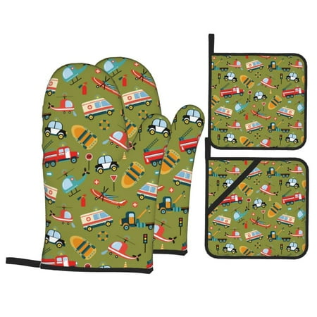

Oven Mitts and Pot Holders 4 Piece Transportation prints High Heat Slip Resistant Oven Mitt and Trivets Set Kitchen Oven Glove Pot Holders for Cooking Baking Grilling