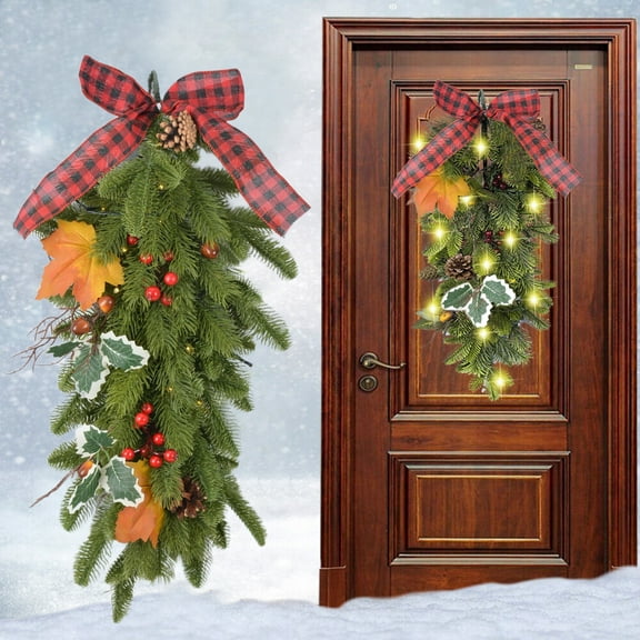 26" Christmas Teardrop Swag with Fairy Lights, Battery Operated Artificial Pre-lit Decorative Teardrop Wreath for Front Door, Stairs, Window Wall, Xmas Décor