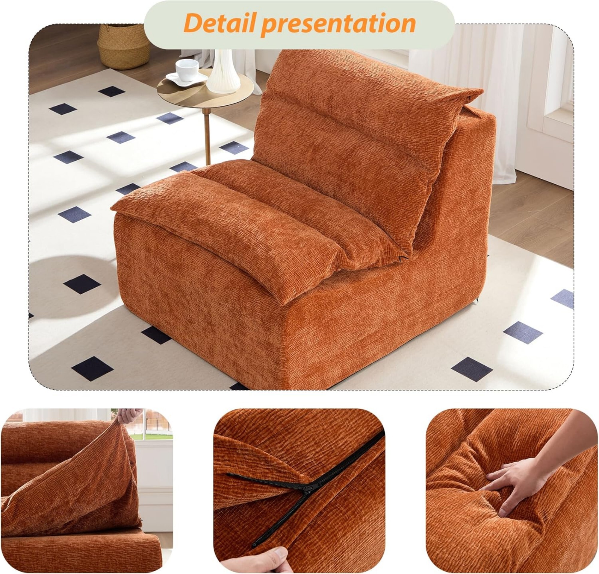 AENKYO Modern Accent Lounge Chair, Comfy Armless Foam Lazy Sofa with Washable Cover, Living Room & Bedroom, Orange