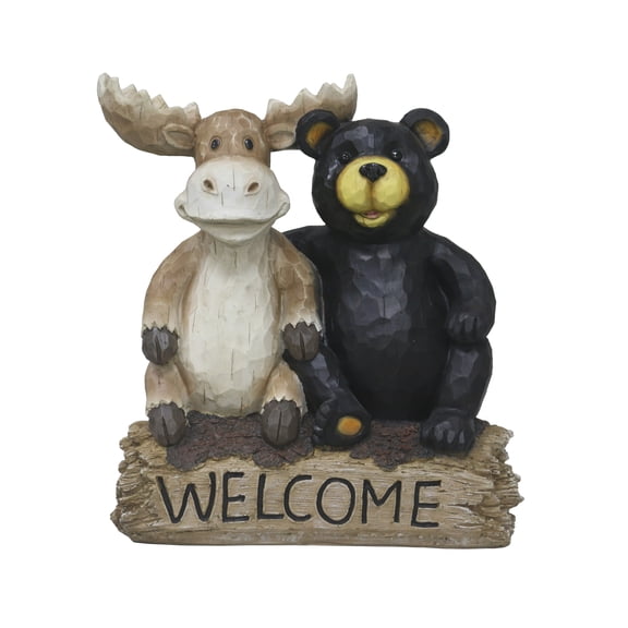 Hi-Line Gifts Bear and Moose on Tree Trunk Outdoor Welcome Garden Sign - 13.5"