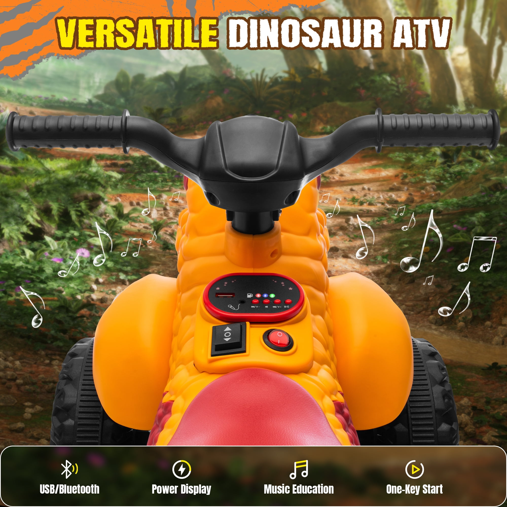SUSIELADY 12V Kids Dinosaur Ride on ATV, Quad 4 Wheeler Dinosaur Design, Electric Ride on Toy, Music Early Education Function, Power Display, Safe Driving, Outdoor Toy for Boys Girls Aged 2-6, Yellow