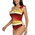 thumbnail image 2 of Haiem Red Gold Glitter Women's One Piece Swimsuits Tummy Control One Shoulder Bathing Suits Ruffle Swimwear-Small, 2 of 8