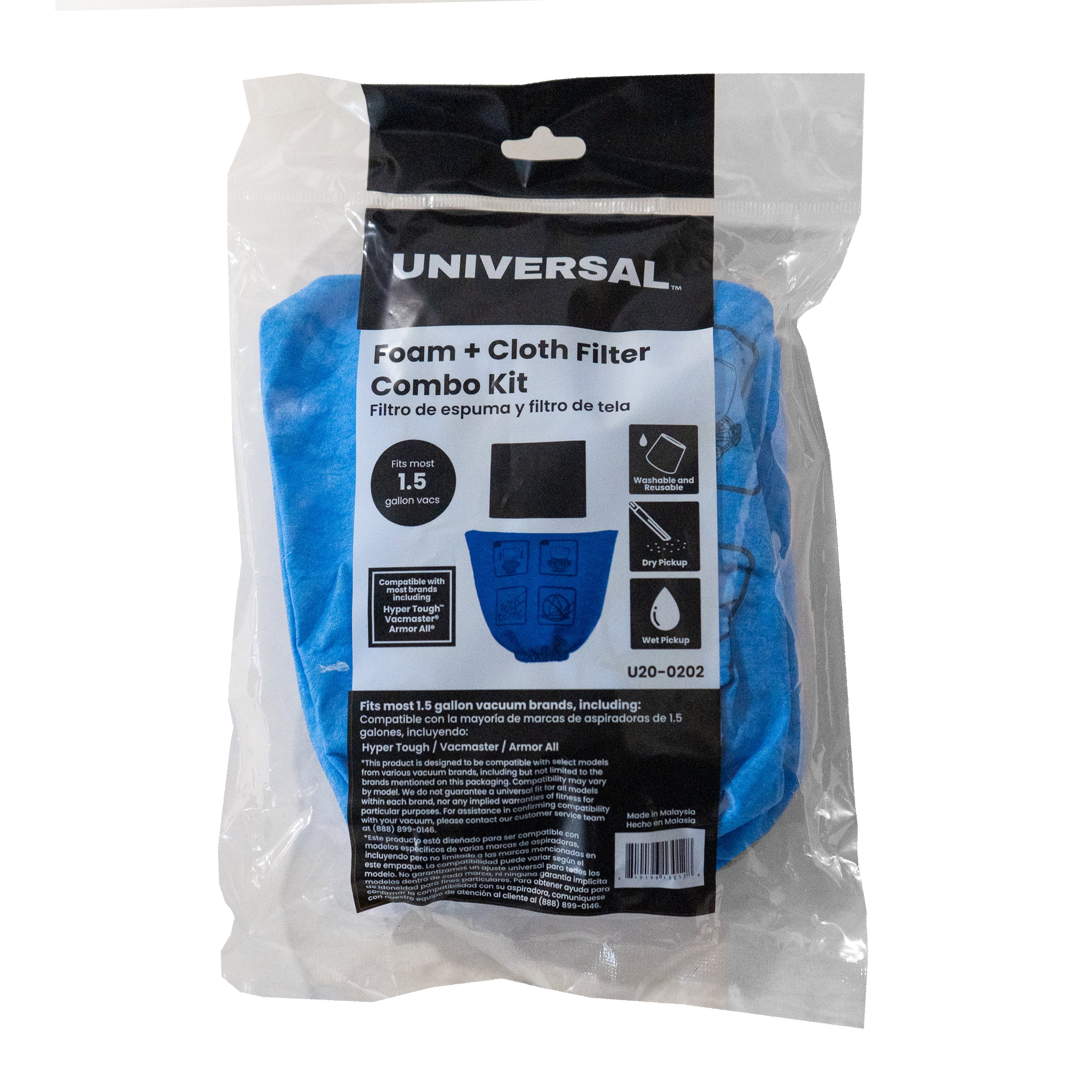 Universal Combo Cloth Filter + Foam Filter 1 Pack, Fits 1.5 Gallon Wet/Dry Vacuum Cleaners