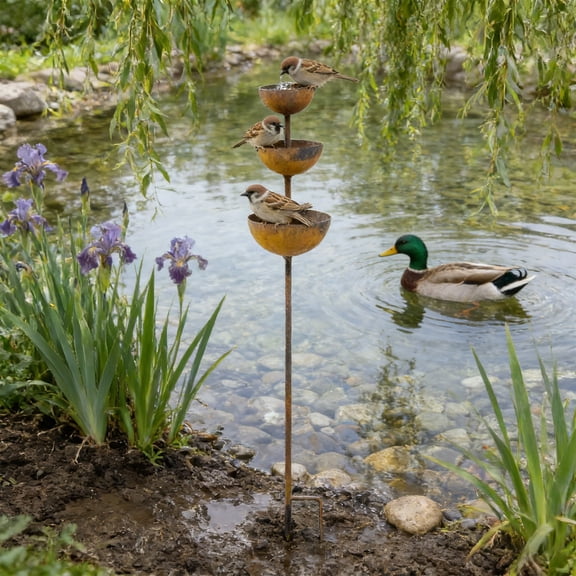 YIMWNYI Small Animals Drinking Water Station, Iron Garden Decor, Multifunctional Rainwater Collector, Three-Tiered Bird Bath, Outdoor Sculpture for Courtyard and Garden