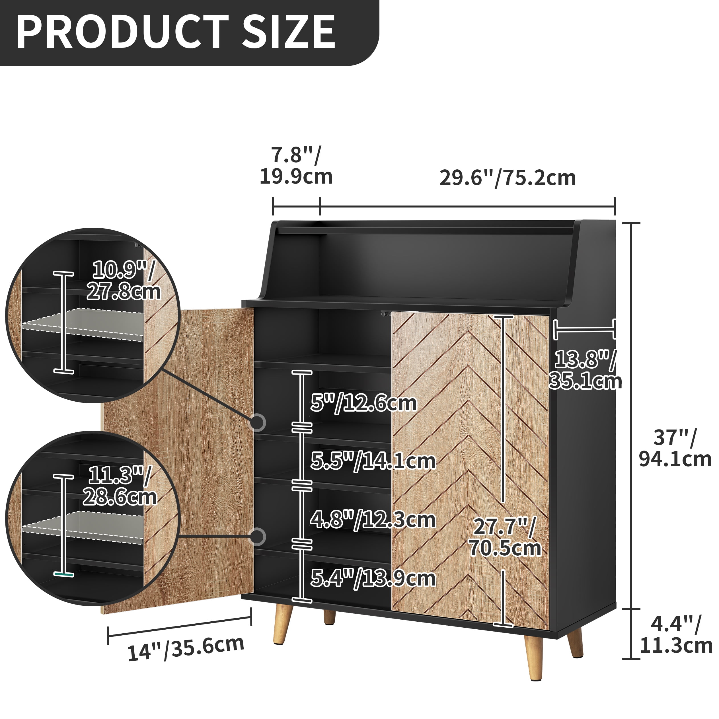 Dextrus 5-Tier Shoe Cabinet, Modern Shoe Storage with Doors & Open Shelves, Entryway , Black