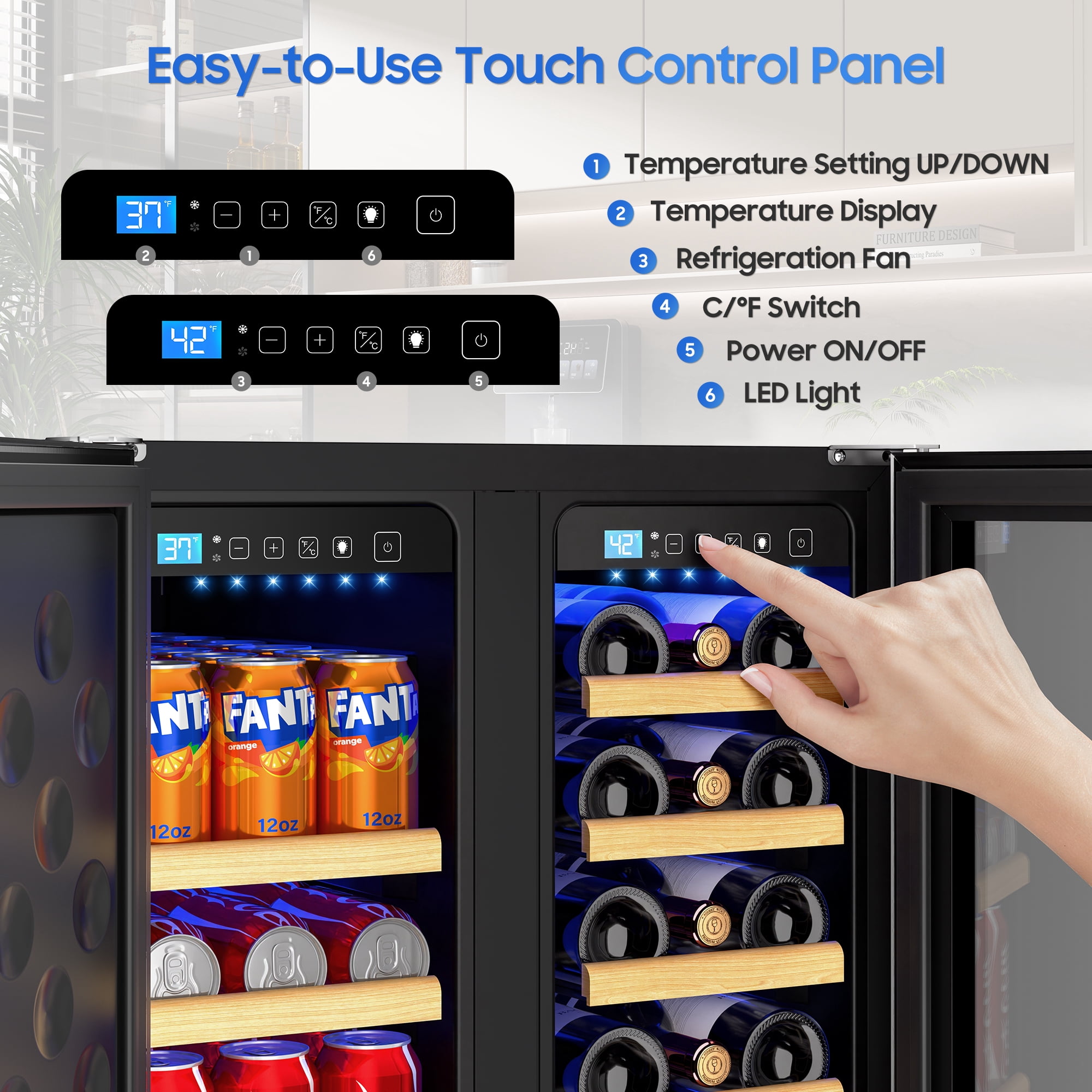 AVAHUM 24 Inch 21-Bottle & 88-Can Hybrid Door Dual Zone Wine and Beverage Refrigerator, Under Counter Built-In Cooler, Curved Handle