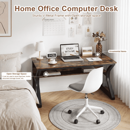47-Inch Computer Desk with Storage, Sturdy U-Shaped Metal Frame Home Office Study Table, Rustic Brown