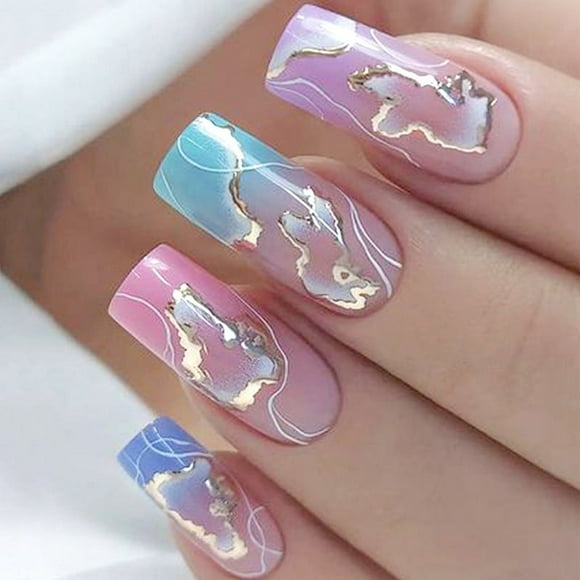 Press on Nails Medium Square, Colorful Gradient Artificial Acrylic Fake Nails with Marbling Design Full Cover Reusable Glossy False Nails