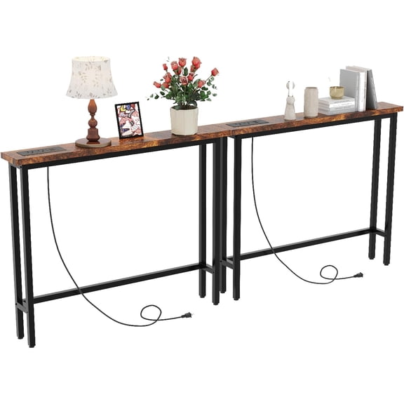 79" Narrow Console Table with Power Outlet 2 Pack, Rustic Brown