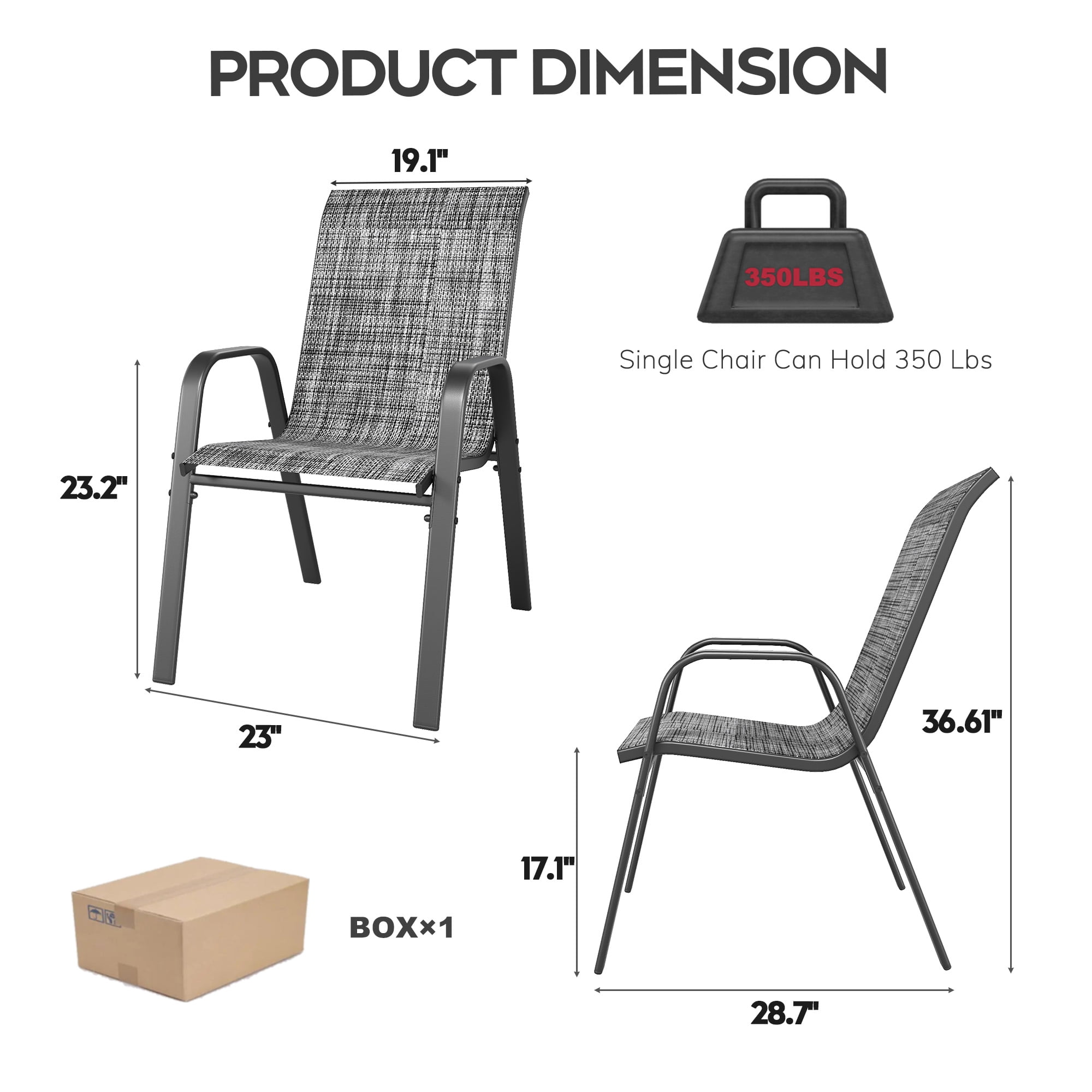 4-Piece Outdoor Dining Chair with Wide Ergonomic Seat, 350 lb Capacity Heavy Duty Metal Frame, Waterproof Teslin Fabric & Rust-Resistant, Ergonomic Lumbar Support for Patio, Gray