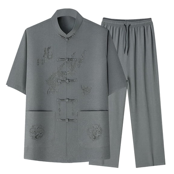 Jessboyy Mens 2 Piece Outfits Trendy Tang Suits for Men Casual Short Sleeve Frog Button Shirts and Pants Set Spring Summer Tai Chi Outfit Dark Gray,S