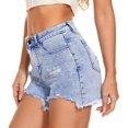 thumbnail image 4 of Pantalones cortos de mezclilla para mujer Dobladillo elástico Deshilachado Casual Bolsillos calientes Cintura media 1811-blue4, 4 of 5