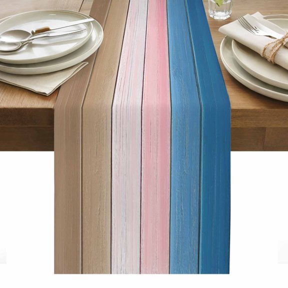 Pink Blue Brown Table Runner - 70 Inch Long, Kitchen Dining Table Runner Dresser Scarves, Farmhouse Gradient Wooden Plank Art Farmhouse Decor for Coffee Tables Wedding Party Banquet