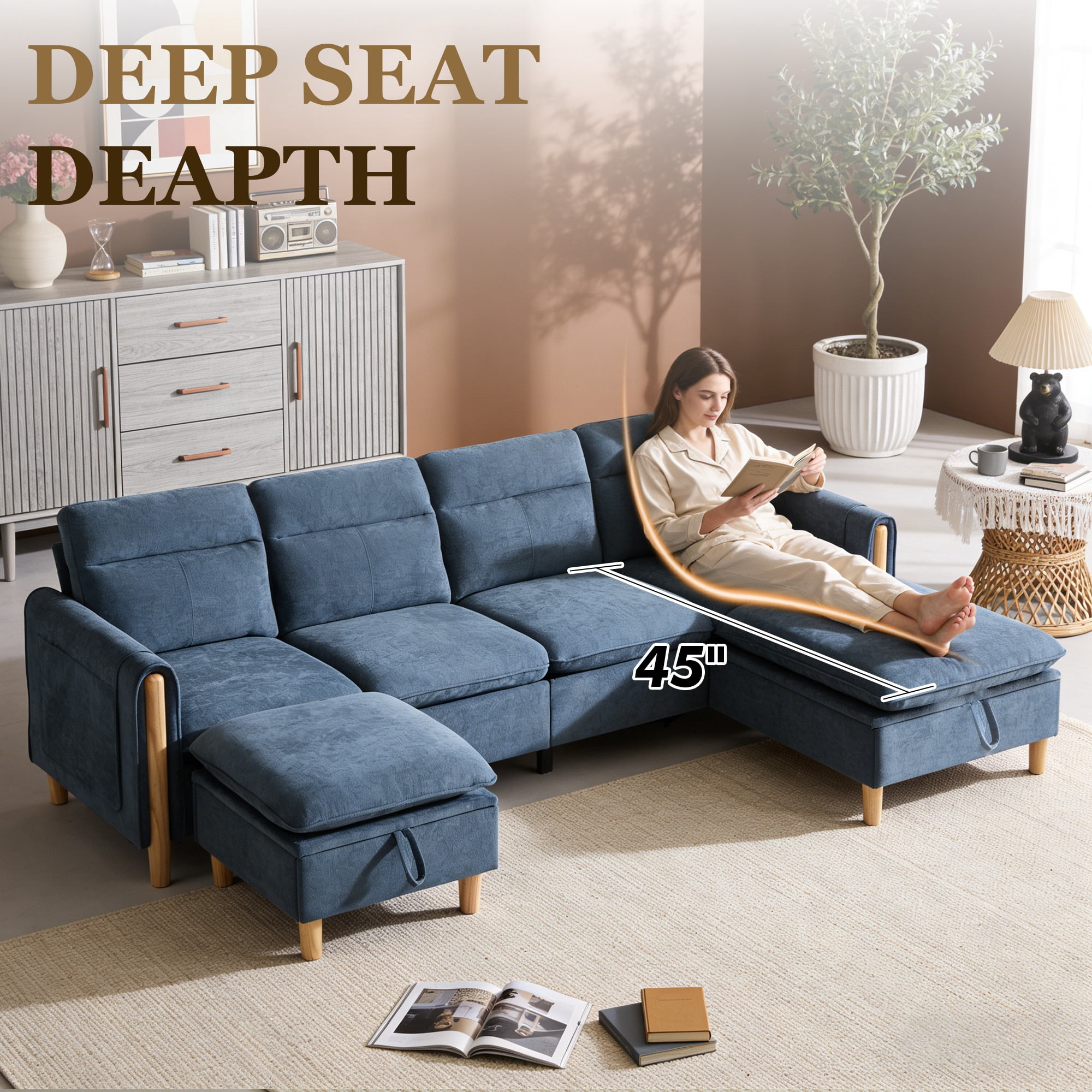 MOONMISS 4-Seater Chenille Sectional Sofa with 2 Storage Ottoman & Side Pocket Convertible Chaise Lounge for Living Room,Blue