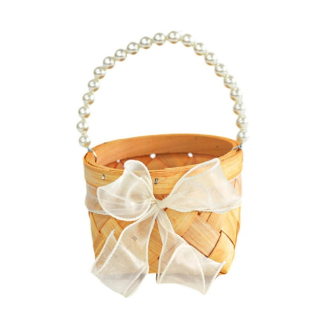 Cesta de boda con asa, pequeña cesta de regalo decorada con cinta para decoración del hogar 15.5 cm