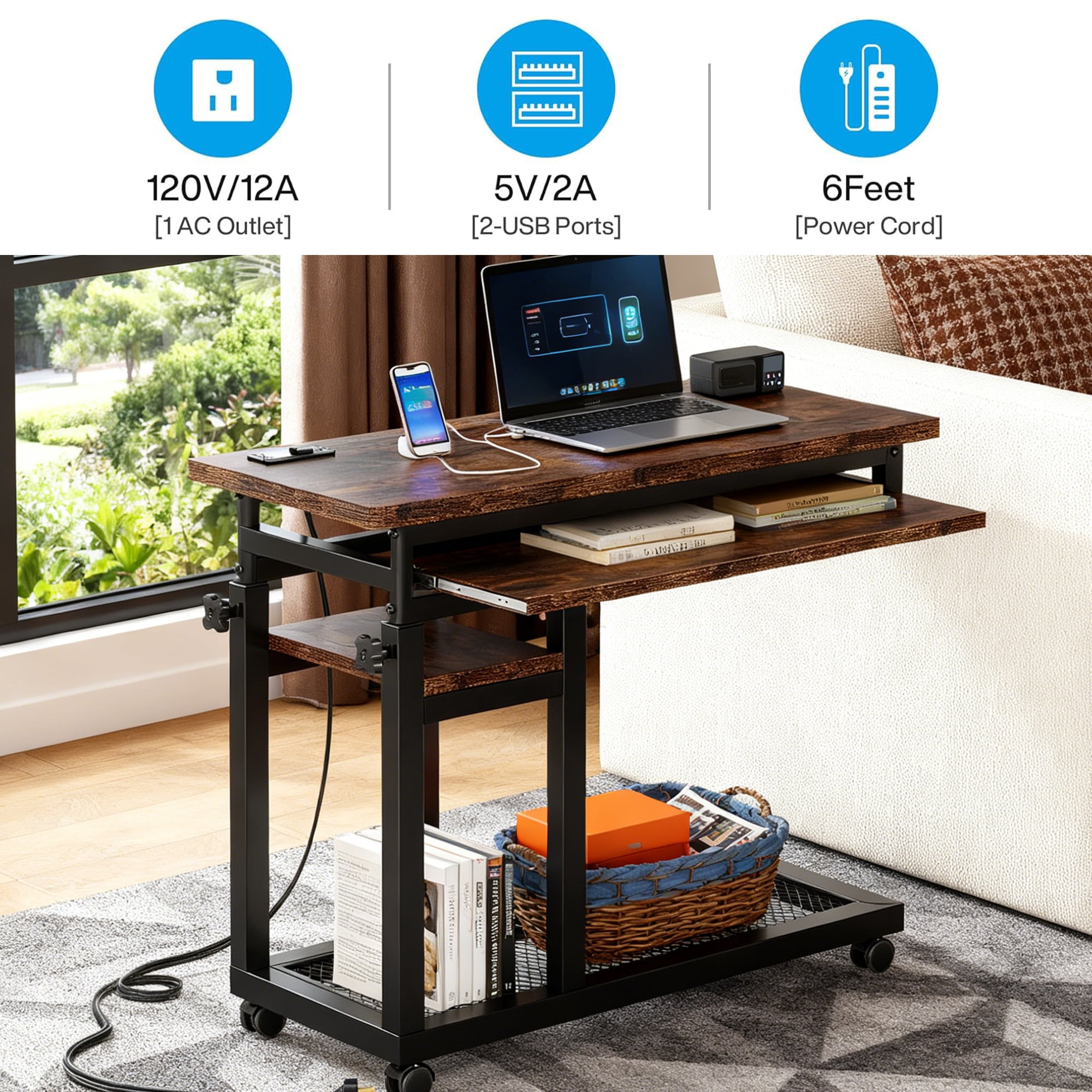 KIOOTTO Height Adjustable C-Shaped Mobile Desk with Power Outlet, USB Ports, Keyboard Tray and Wheels, Rustic Brown