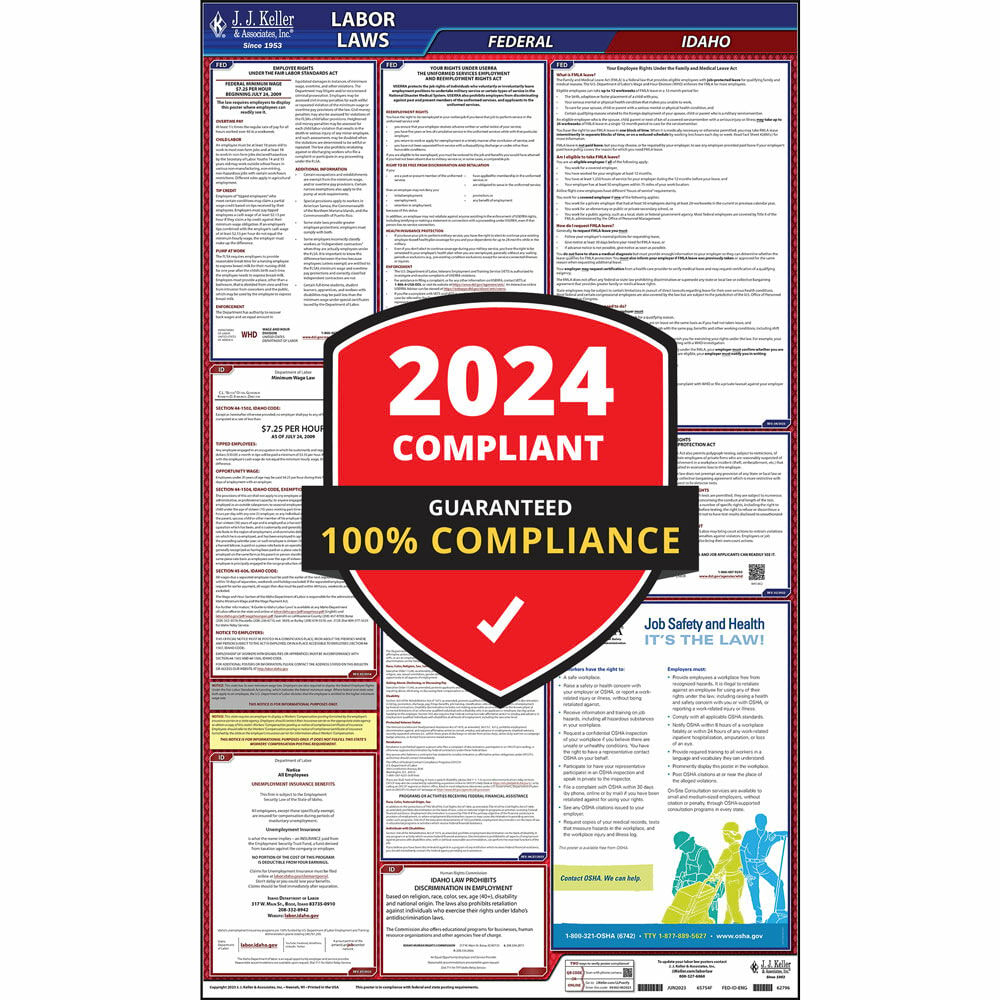 2024 Idaho Labor Law Poster, All-in-One OSHA Compliant ID State & Federal Laminated Poster (24" x 40" English)