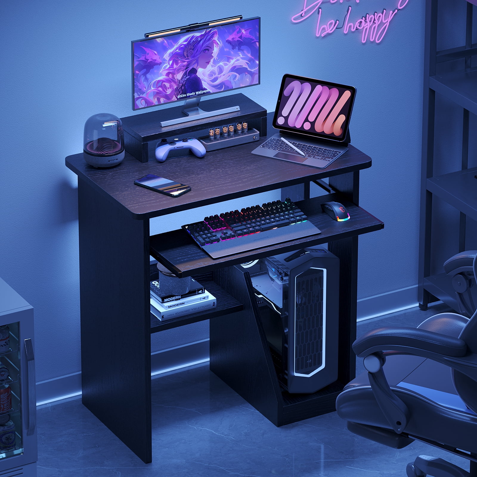 ALISENED Computer Desk with Monitor Stand Keyboard Tray, 29.5 inch Sturdy Desk with Storage Shelves For Office,Living Room,Study
