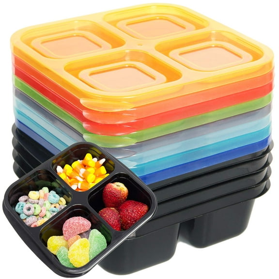 Youngever 8 Pack 4-Compartment Reusable Snack Box Food Containers, Bento Lunch Box, Meal Prep Containers, Divided Food Storage Containers (Rainbow Color)