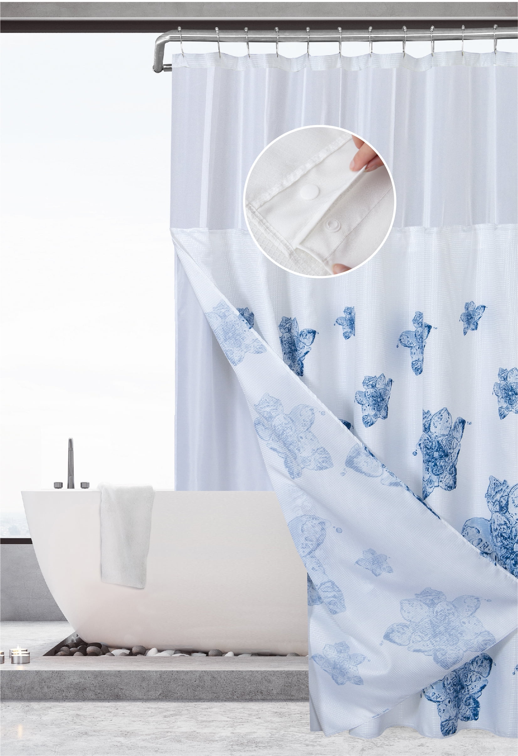 Complete Printed Shower Curtain With Detachable Liner In White
