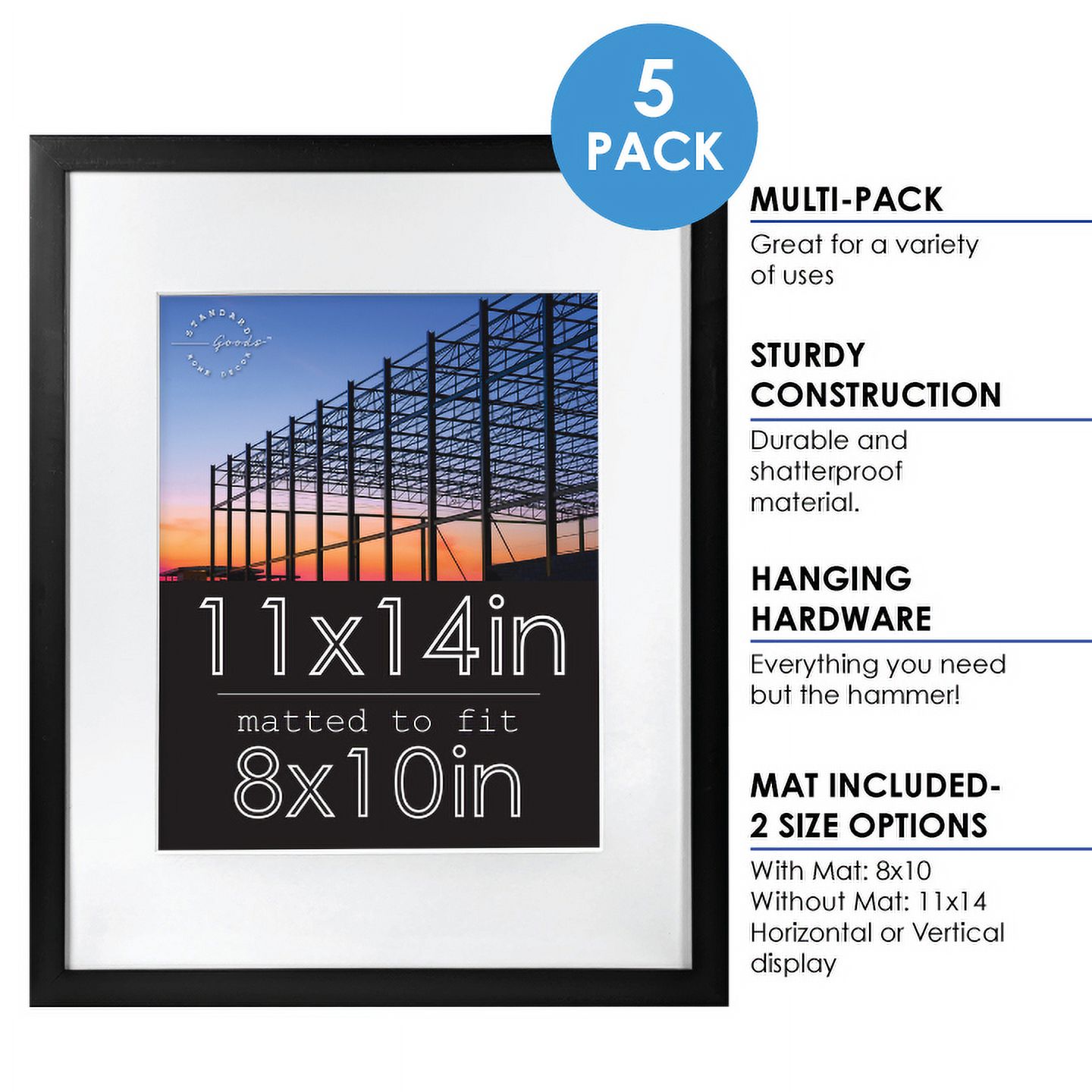 Standard Goods Home Décor 11x14 Matted to 8x10 Black Linear Picture Frame, 5-Pack for Wall Display.